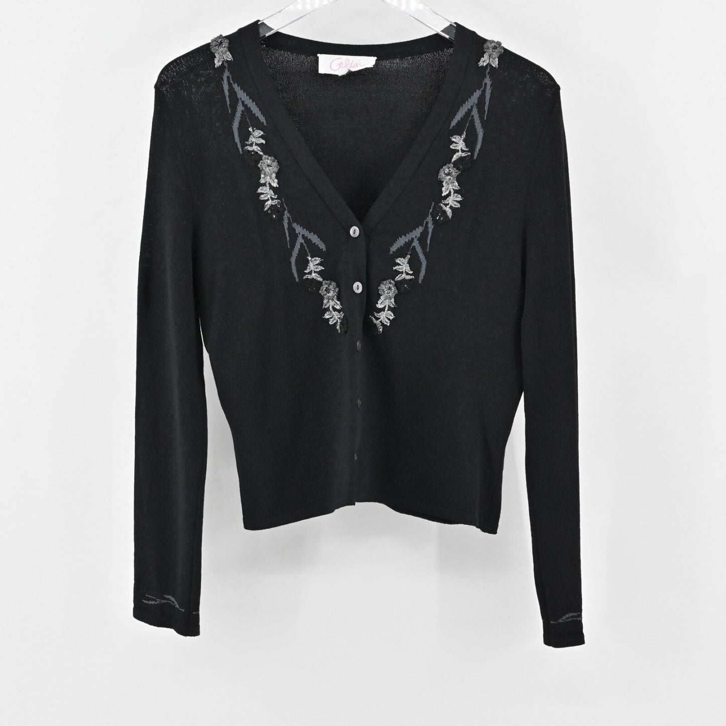 Vtg Embroidered Cardigan Womens Size M Black Floral Trim Knit GILDAS Sweater