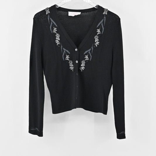 Vtg Embroidered Cardigan Womens Size M Black Floral Trim Knit GILDAS Sweater