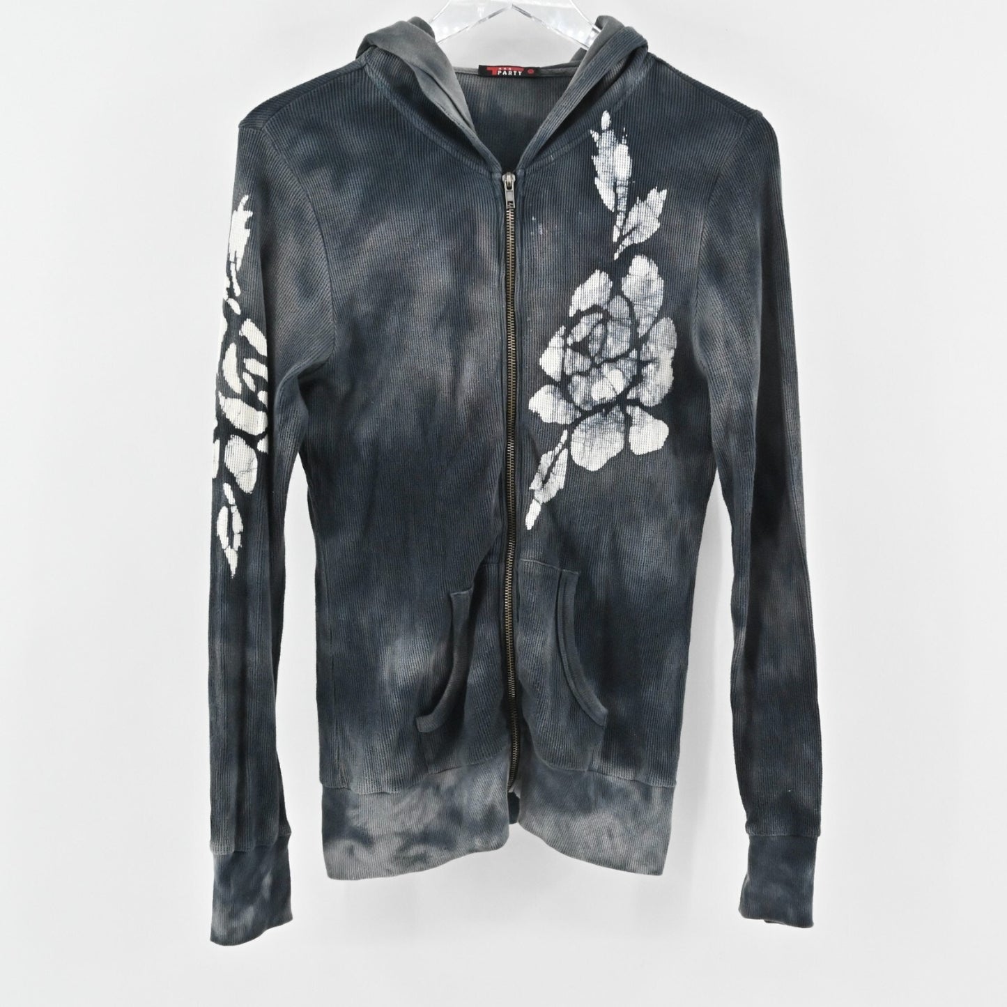 Vtg Y2k T PARTY Womens Jacket Size S Full Zip Hooded Tie Dye Flower Navy Casual