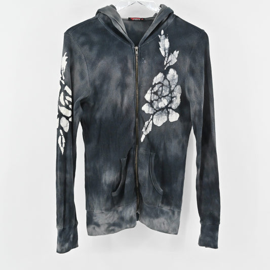 Vtg Y2k T PARTY Womens Jacket Size S Full Zip Hooded Tie Dye Flower Navy Casual