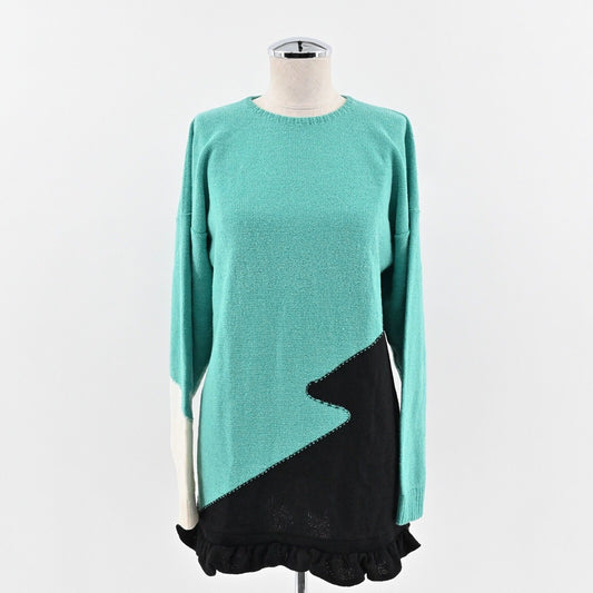 Vtg STEVE FABRIKANT Sweater Womens Sz S Blue Geometric Wool Blend Ruffle USA 80s