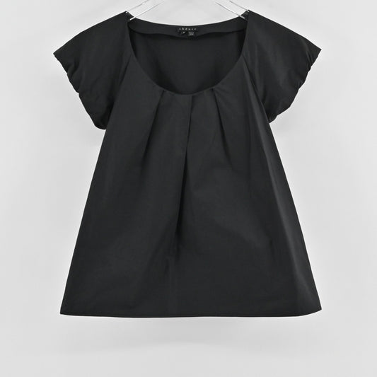 Theory Womens Besette Black Top Size XS Pleated Scoop Neck Short Sleeve Blouse