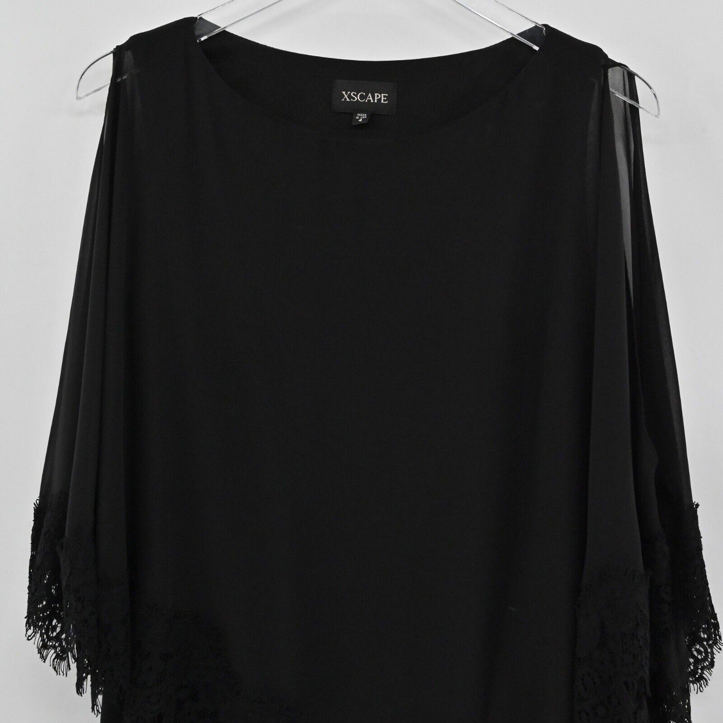 XSCAPE Dress Women Sz 4 Black Lace Trim Chiffon Cold Shoulder Shawl Style Sheath