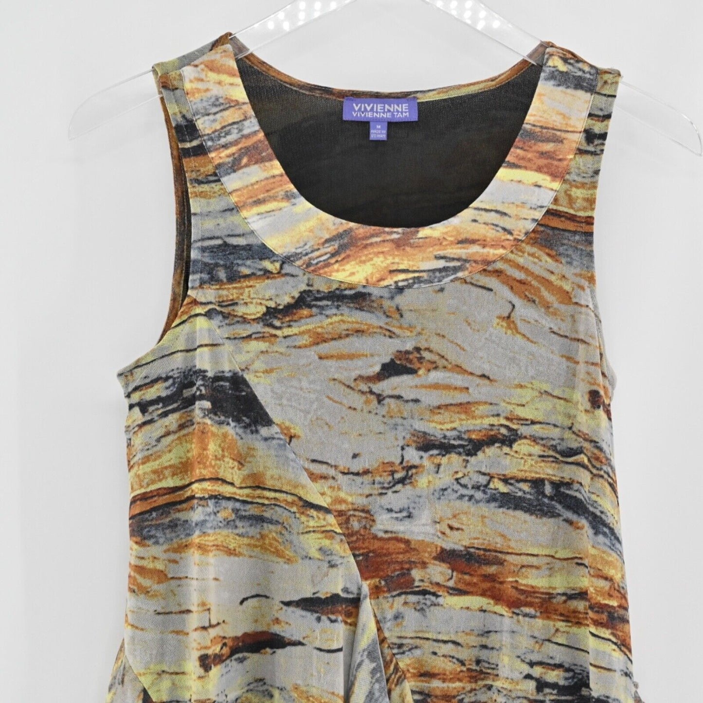 VIVIENNE TAM Top Womens Size M Sleeveless Mesh Blouse Marbled Draped Ruffle Boho