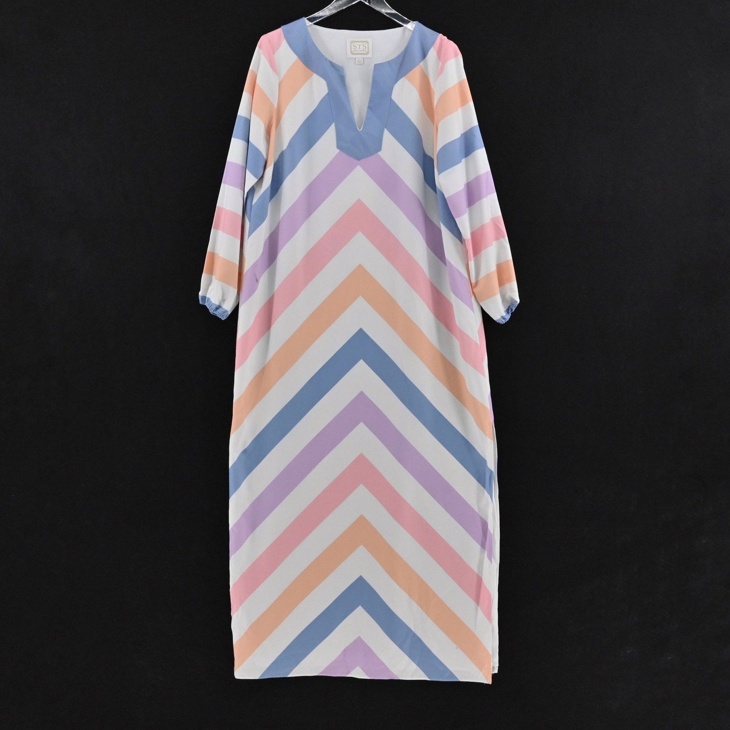 Sail to Sable Charade Maxi Dress Size L Caftan Pastel Long Sleeve Chevron STS