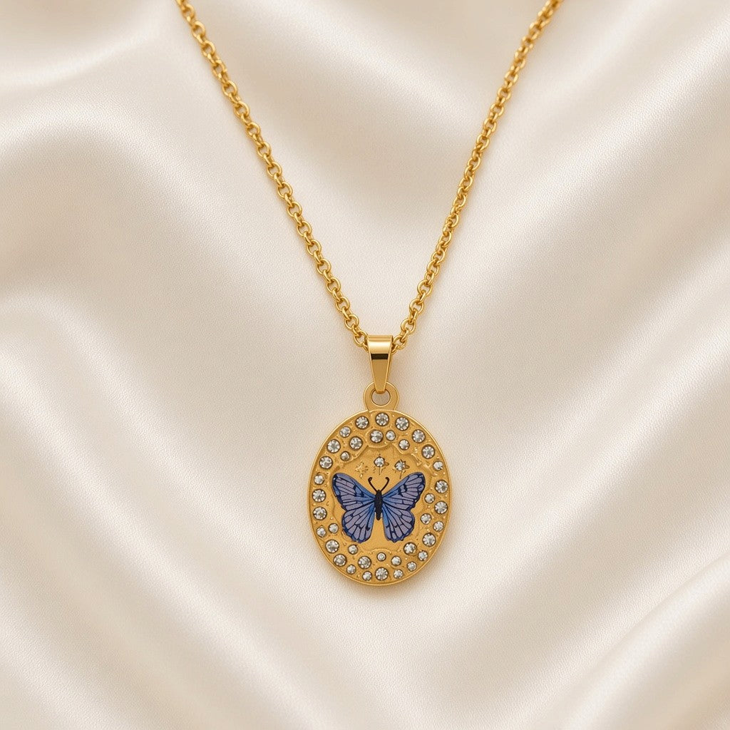Enamel Painted Charm Pendant Necklace 18K Gold Plated Stainless Steel - Butterfly close-up