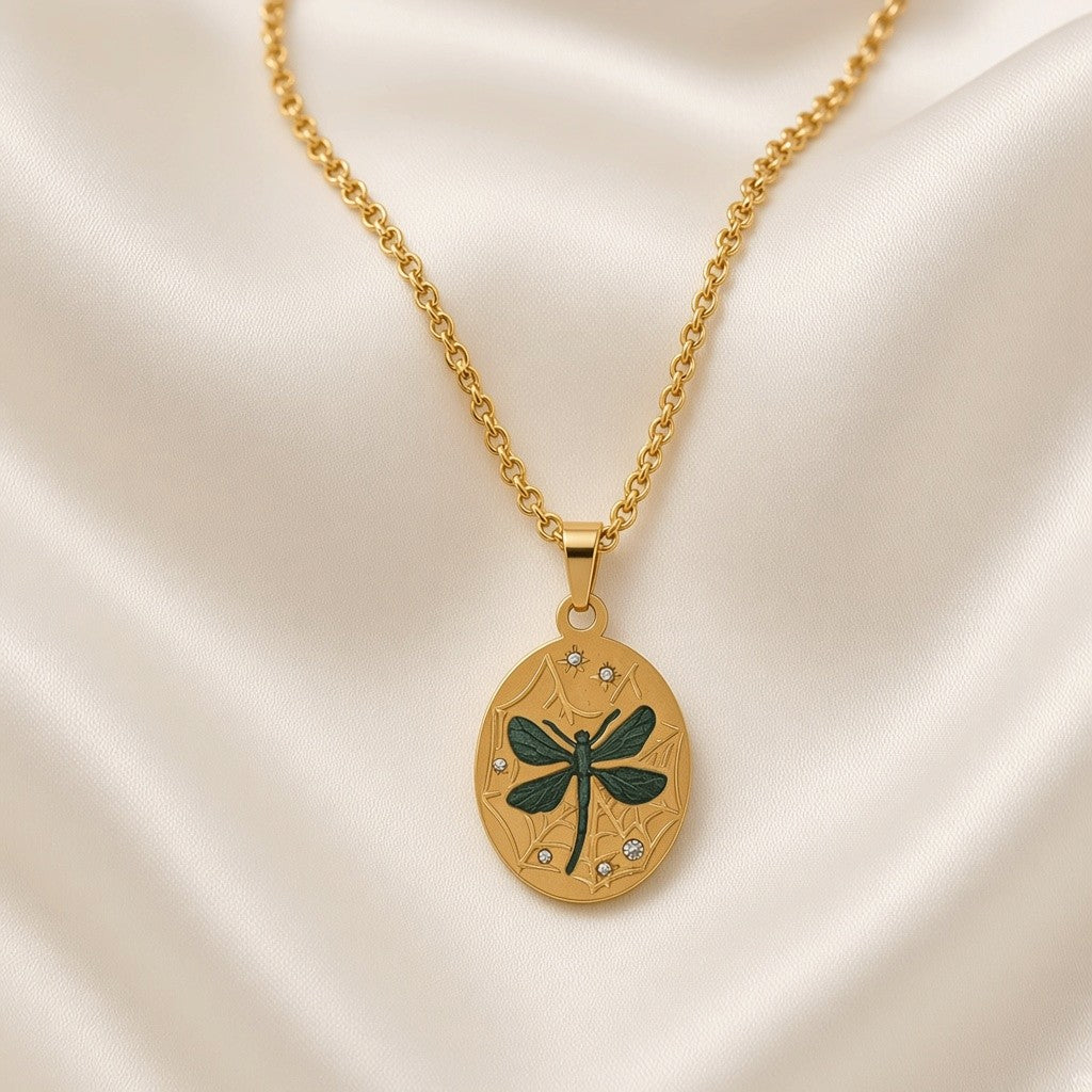 Enamel Painted Charm Pendant Necklace 18K Gold Plated Stainless Steel - Dragonfly close-up
