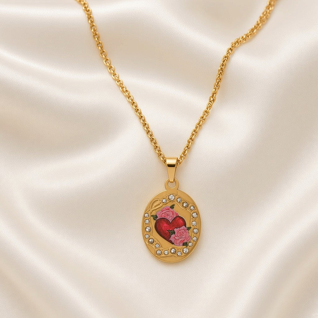 Enamel Painted Charm Pendant Necklace 18K Gold Plated Stainless Steel - Heart Rose Flower close-up