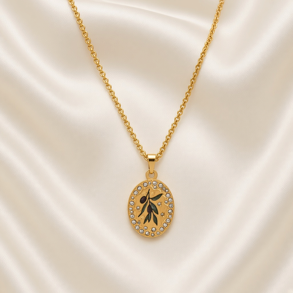 Enamel Painted Charm Pendant Necklace 18K Gold Plated Stainless Steel - Olive Branch close-up