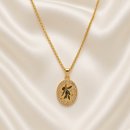 Enamel Painted Charm Pendant Necklace 18K Gold Plated Stainless Steel - Olive Branch close-up