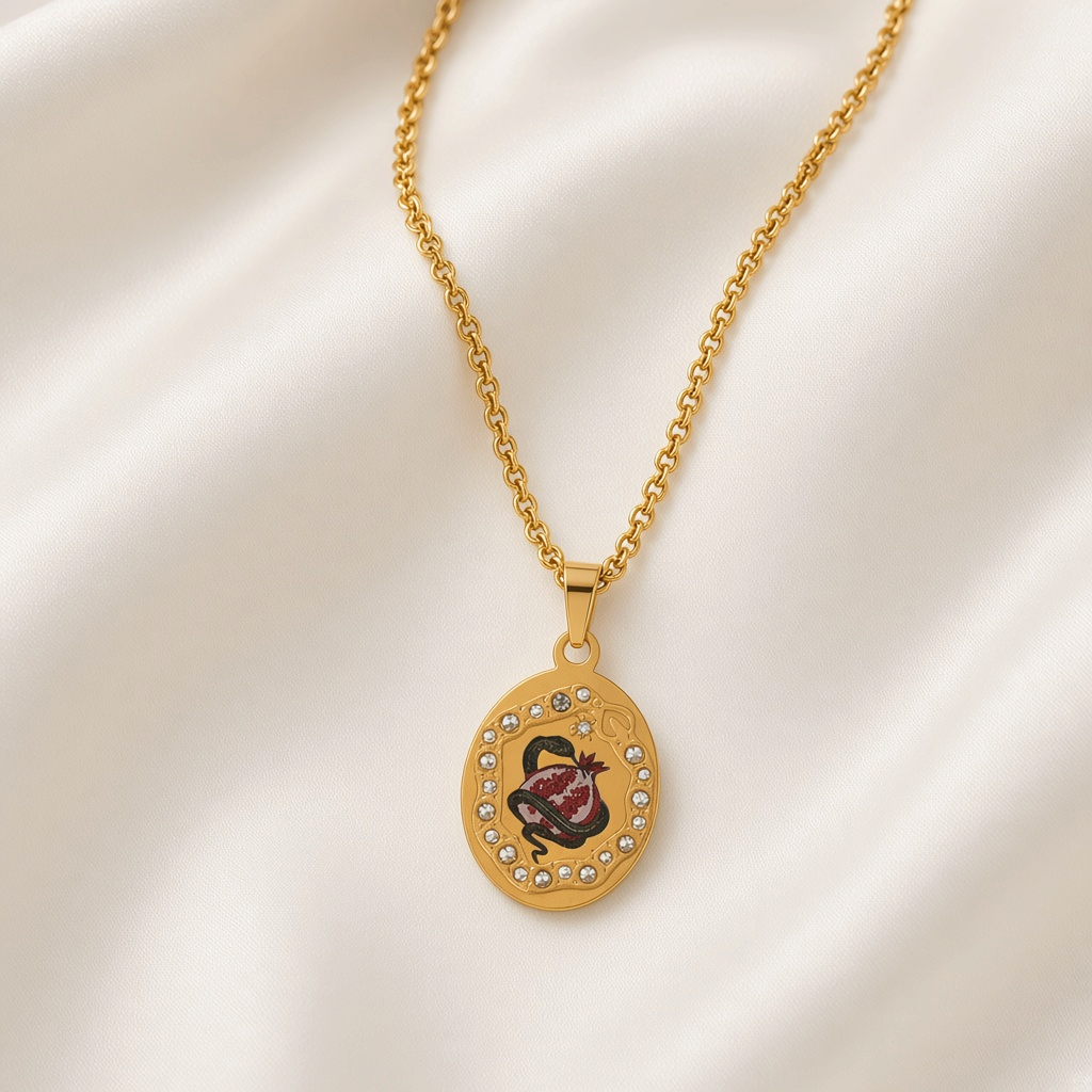 Enamel Painted Charm Pendant Necklace 18K Gold Plated Stainless Steel - Pomegranate Snake close-up