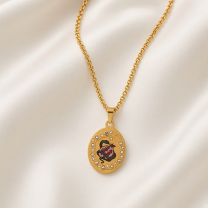 Enamel Painted Charm Pendant Necklace 18K Gold Plated Stainless Steel - Pomegranate Snake close-up