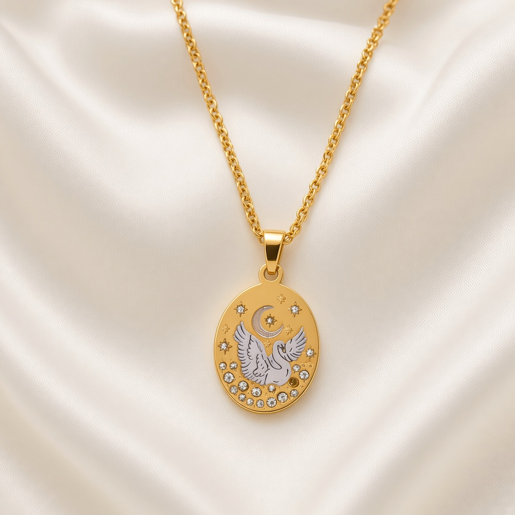 Enamel Painted Charm Pendant Necklace 18K Gold Plated Stainless Steel - Swan close-up