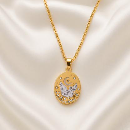 Enamel Painted Charm Pendant Necklace 18K Gold Plated Stainless Steel - Swan close-up