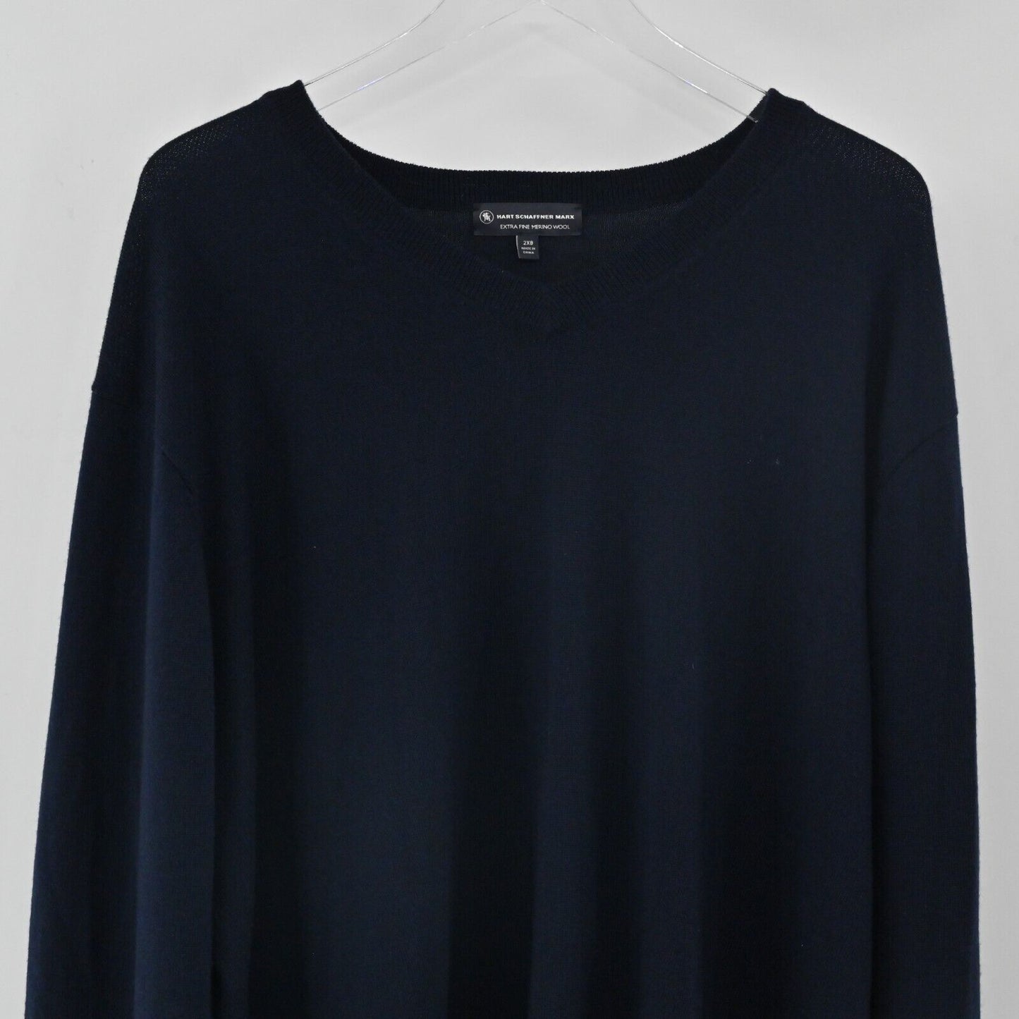HART SCHAFFNER MARX Sweater Mens Sz 2XB Navy Blue Merino Wool Lightweight VNeck