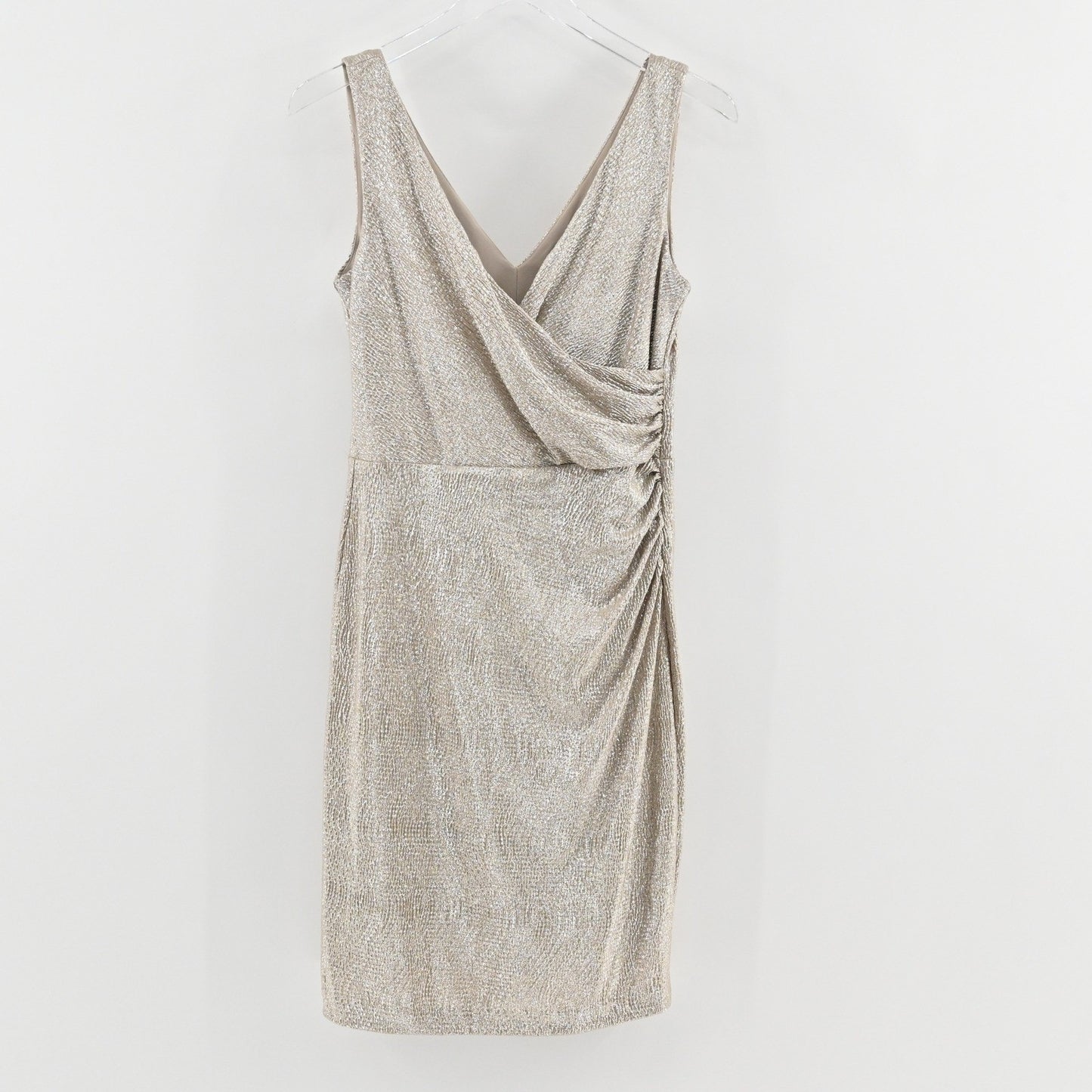 Ralph Lauren Metallic Faux Wrap Dress Size 10P Gold Sleeveless Sheath Cocktail