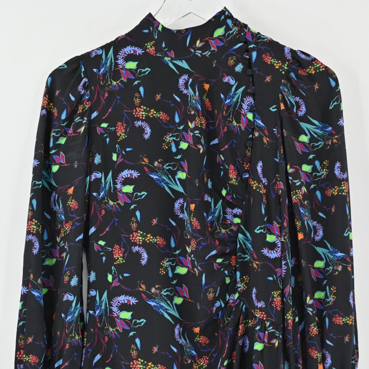 TANYA TAYLOR Dress Size 0 Clarisse Mini Black Floral Silk High Neck Long Sleeve