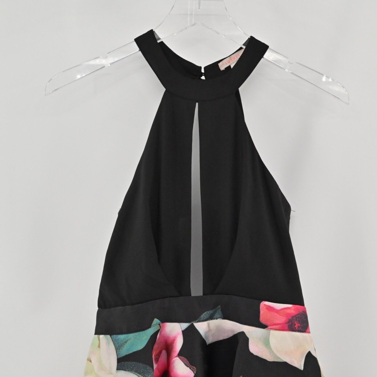 LUXXEL Dress Womens Size S Mini Fit Flare Halter Black Floral Satin Retro Prom