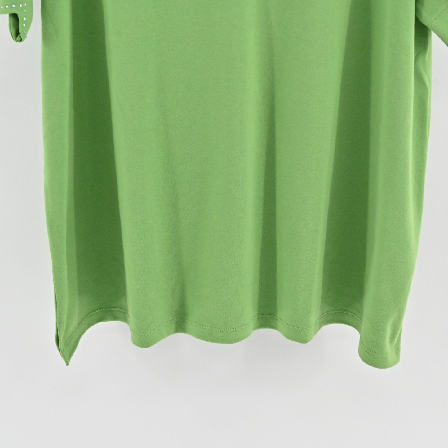 Quacker Factory Womens Scalloped Rhinestone Top Size 3X Green Short Puff Sleeve