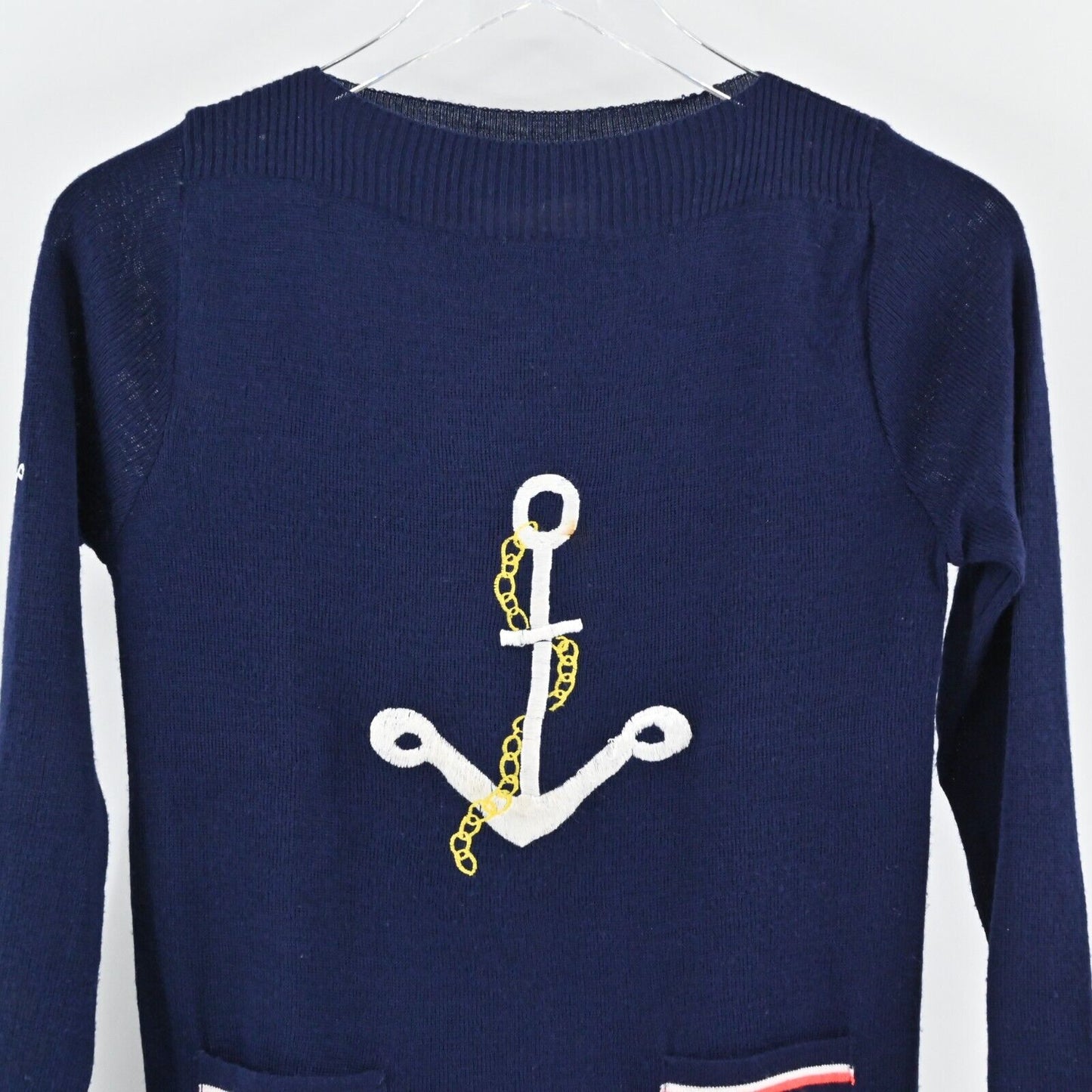True Vintage Sweater Womens Sz M Navy Red Anchor Nautical Sailor Sailboat 1960s