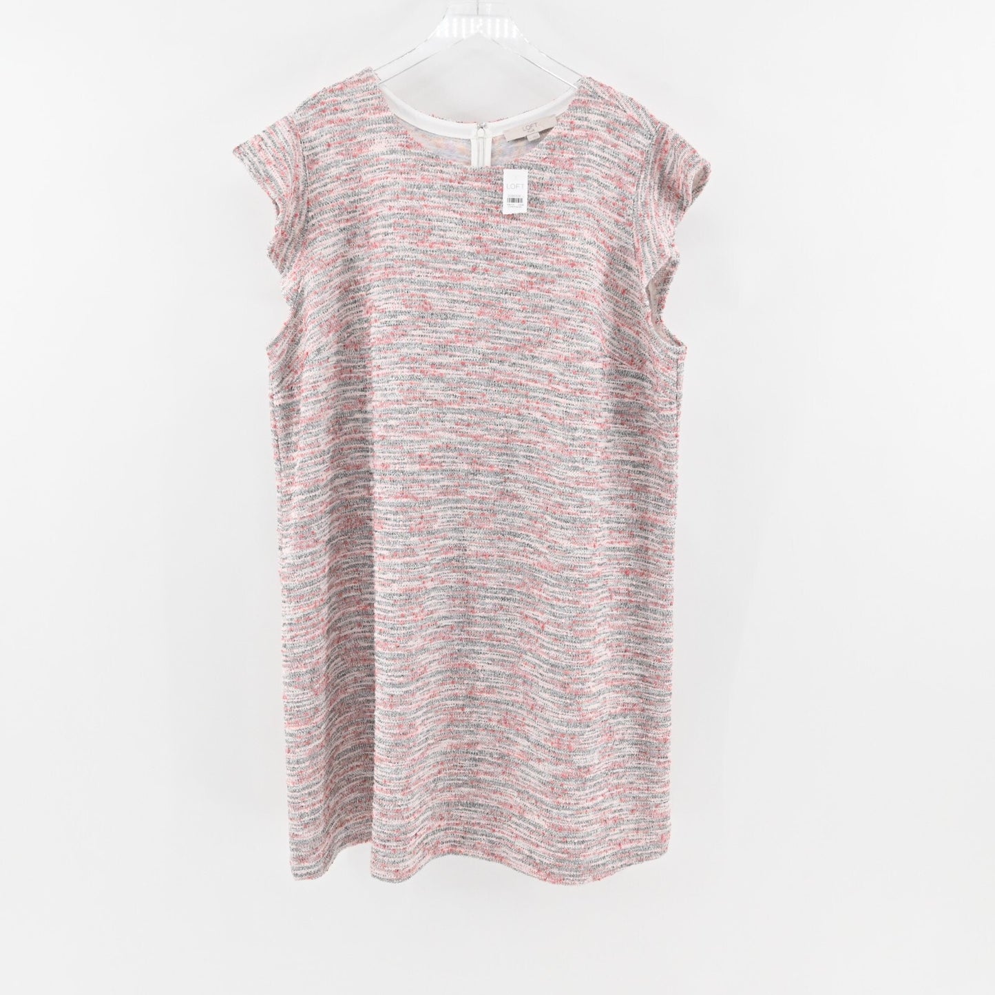 LOFT Dress Size 26 Pink White Textured Tweed Ruffle Sleeve Relaxed Shift NEW