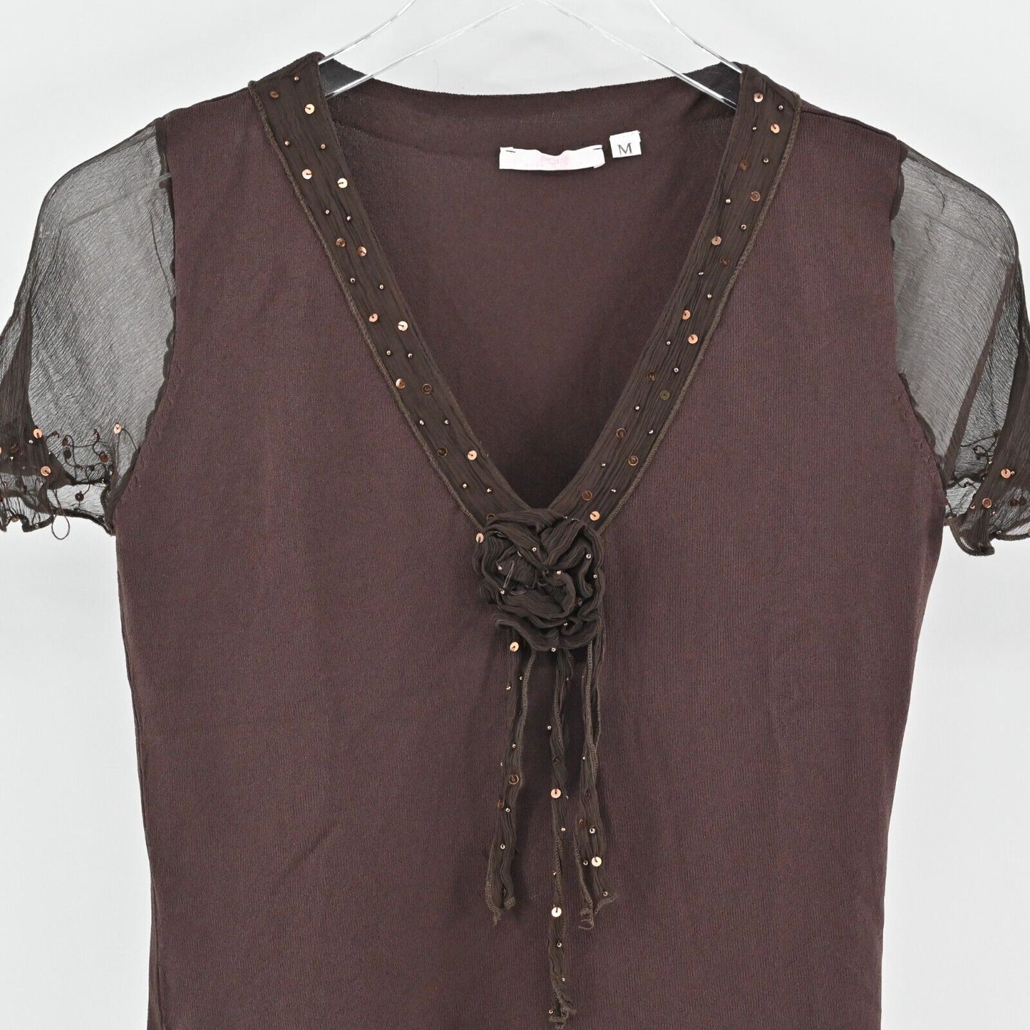 POIS Top Womens Size M VNeck Rosette Sequin Sheer Short Sleeve Chocolate Brown