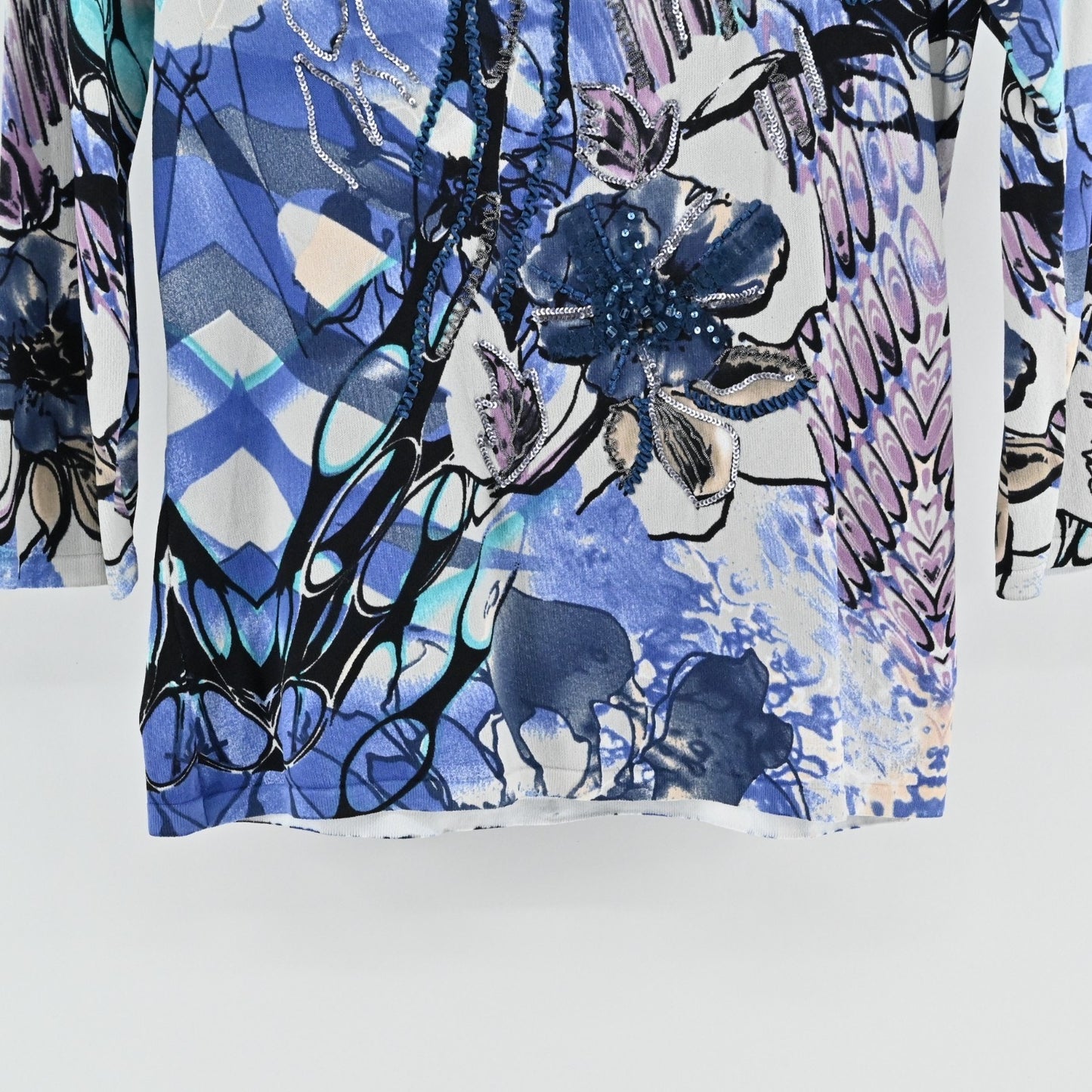 Alberto Makali Womens Ruffle Sequin Sweater Size L Blue Floral Art To Wear Bold