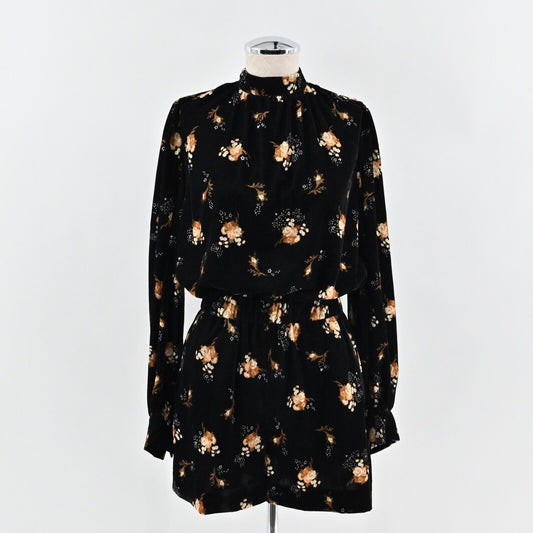 MAJE Playsuit Womens Sz 36 Black Floral Velvet Inouk High Neck Long Puff Sleeve