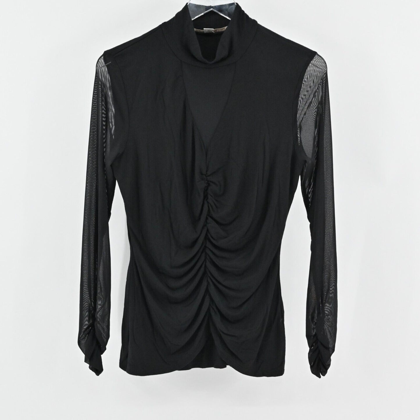 BOSTON PROPER Top Womens Size M Ruched Black Sheer Sleeve Mock Neck Stretch