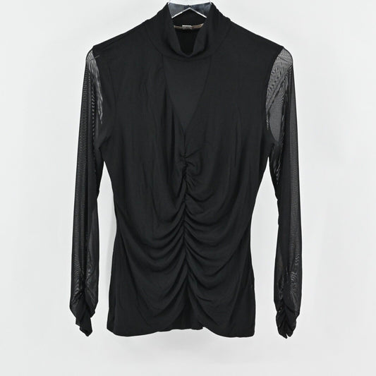 BOSTON PROPER Top Womens Size M Ruched Black Sheer Sleeve Mock Neck Stretch