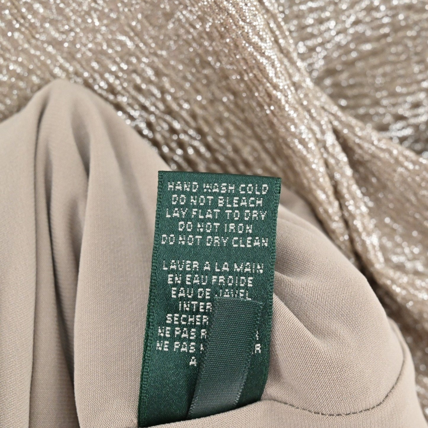 Ralph Lauren Metallic Faux Wrap Dress Size 10P Gold Sleeveless Sheath Cocktail