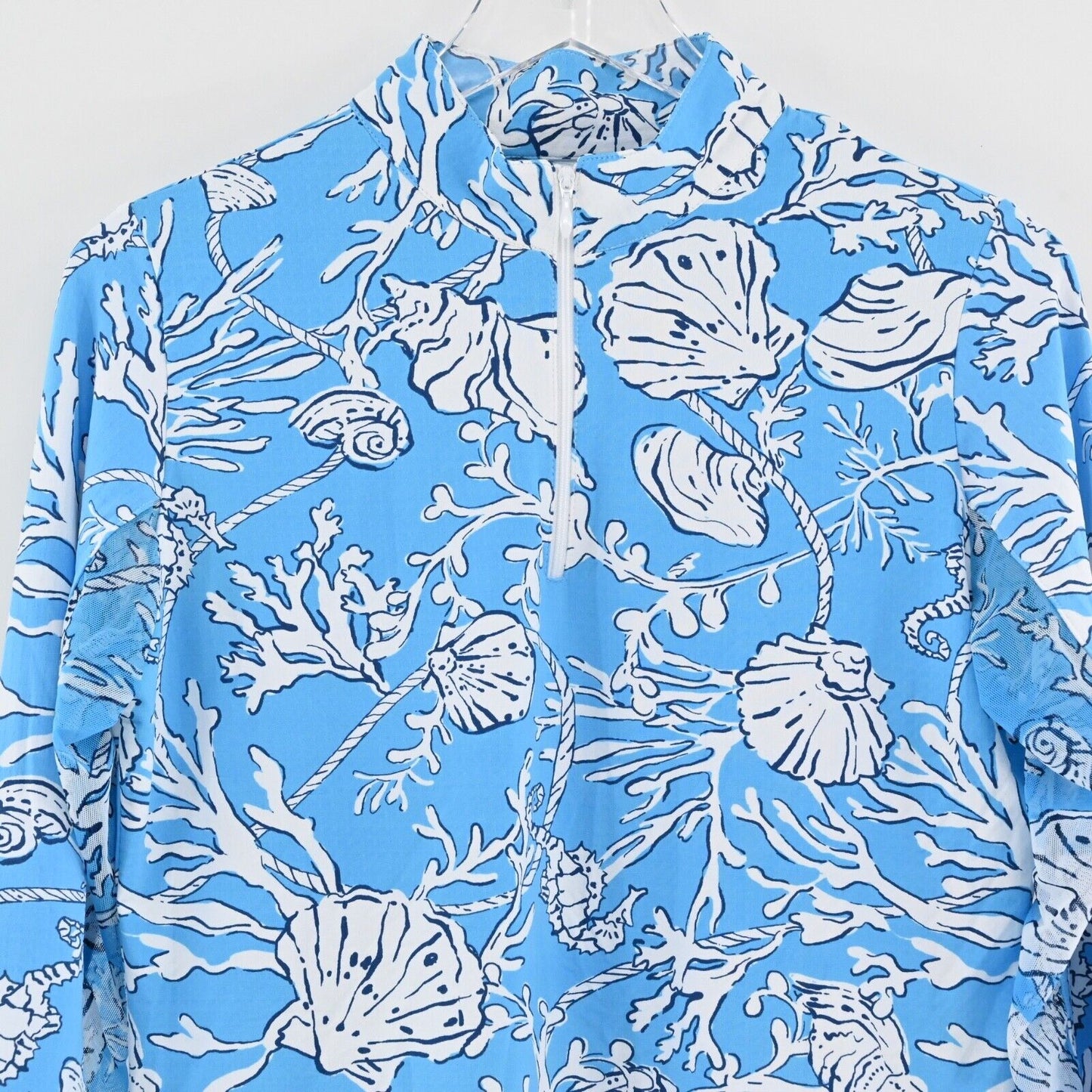 ICIKULS Top Womens Size M Blue Tropical Seashell Print Quarter Zip Long Sleeve