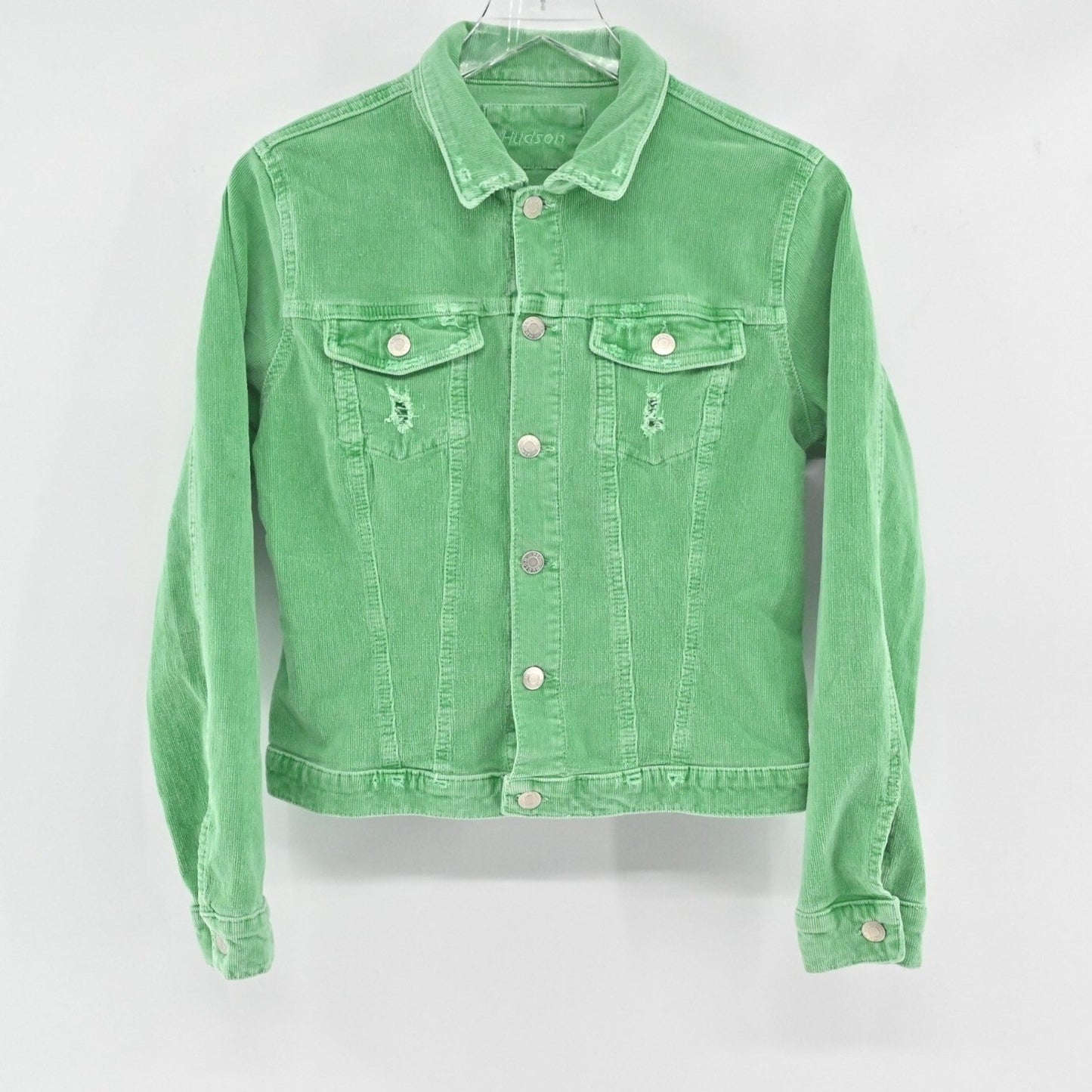 Vtg HUDSON Womens Trucker Jacket Size S Green Corduroy Distressed Made in USA