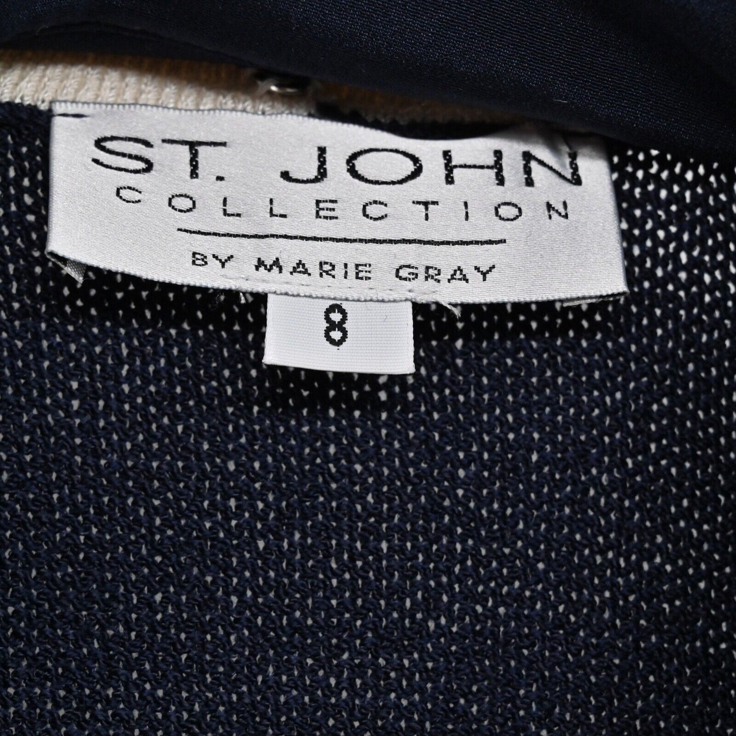 Vtg ST JOHN Skirt Suit Size 8/10 Navy Blue Santana Knit Full Zip Jacket Dog Show