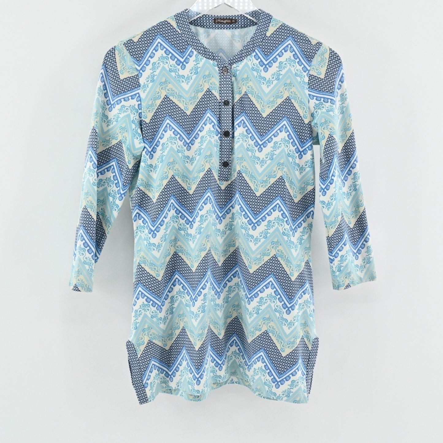 J McLaughlin Womens Blue Catalina Cloth Top Size XS Chevron Blouse Stretch Coast