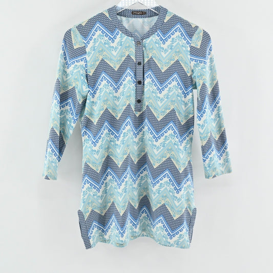 J McLaughlin Womens Blue Catalina Cloth Top Size XS Chevron Blouse Stretch Coast