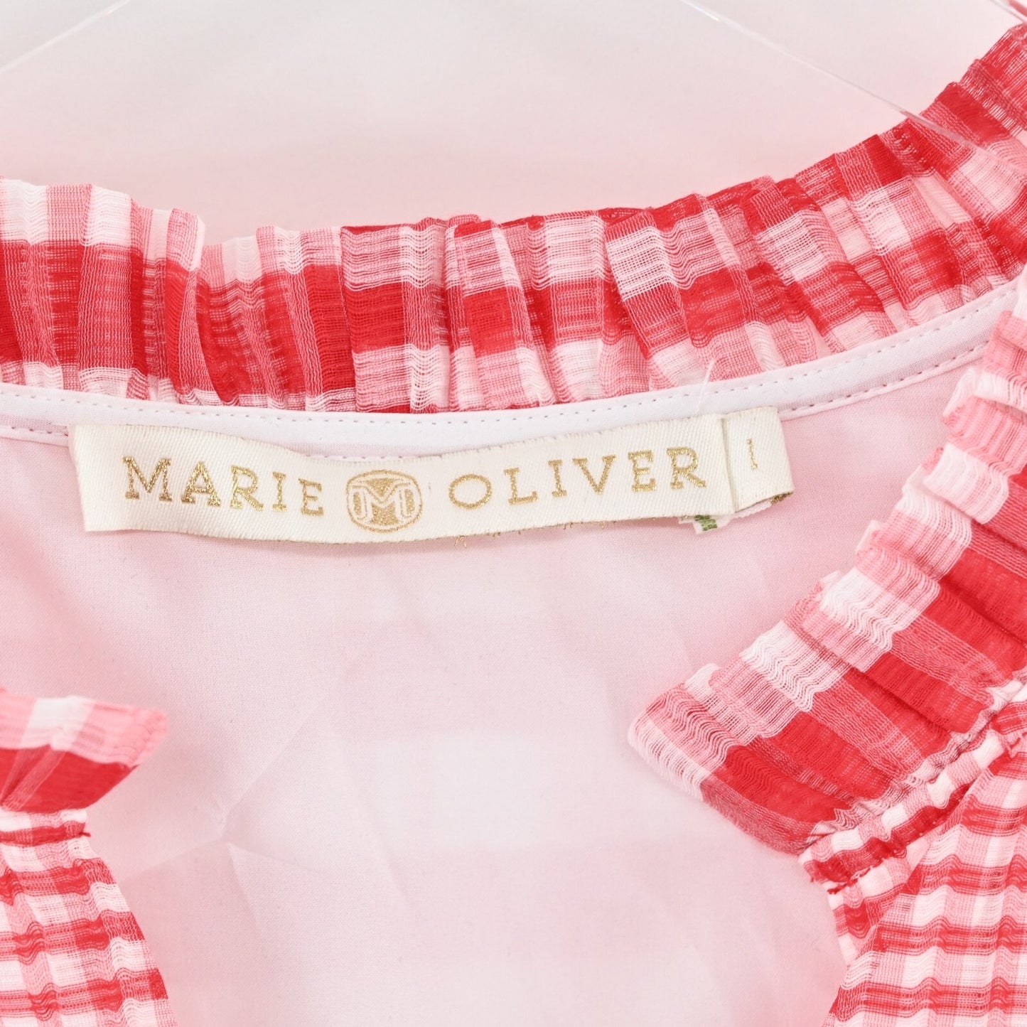 MARIE OLIVER Bay Mini Cherry Dress Size L Red Check Silk Blend Ruffle Flutter