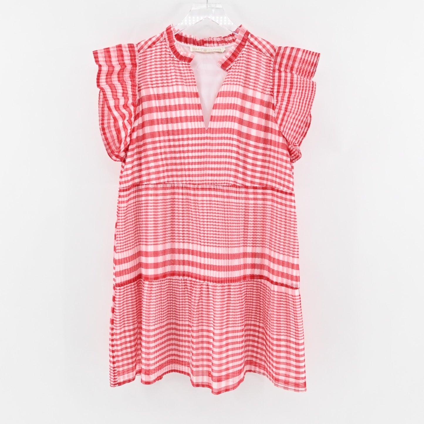 MARIE OLIVER Bay Mini Cherry Dress Size L Red Check Silk Blend Ruffle Flutter