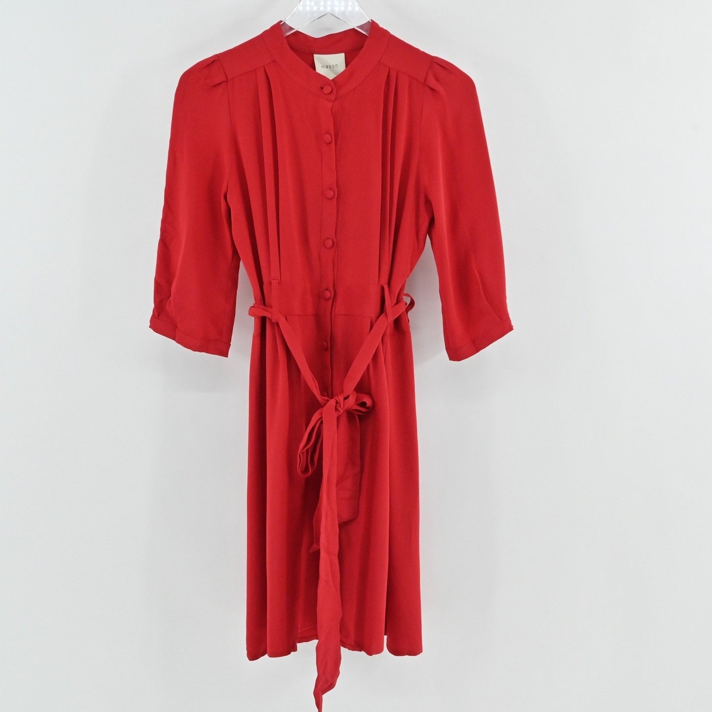 Mason Silk Shirt Dress Sz 4 Red Puff Sleeve Button Front Tie Belt Retro 50s USA