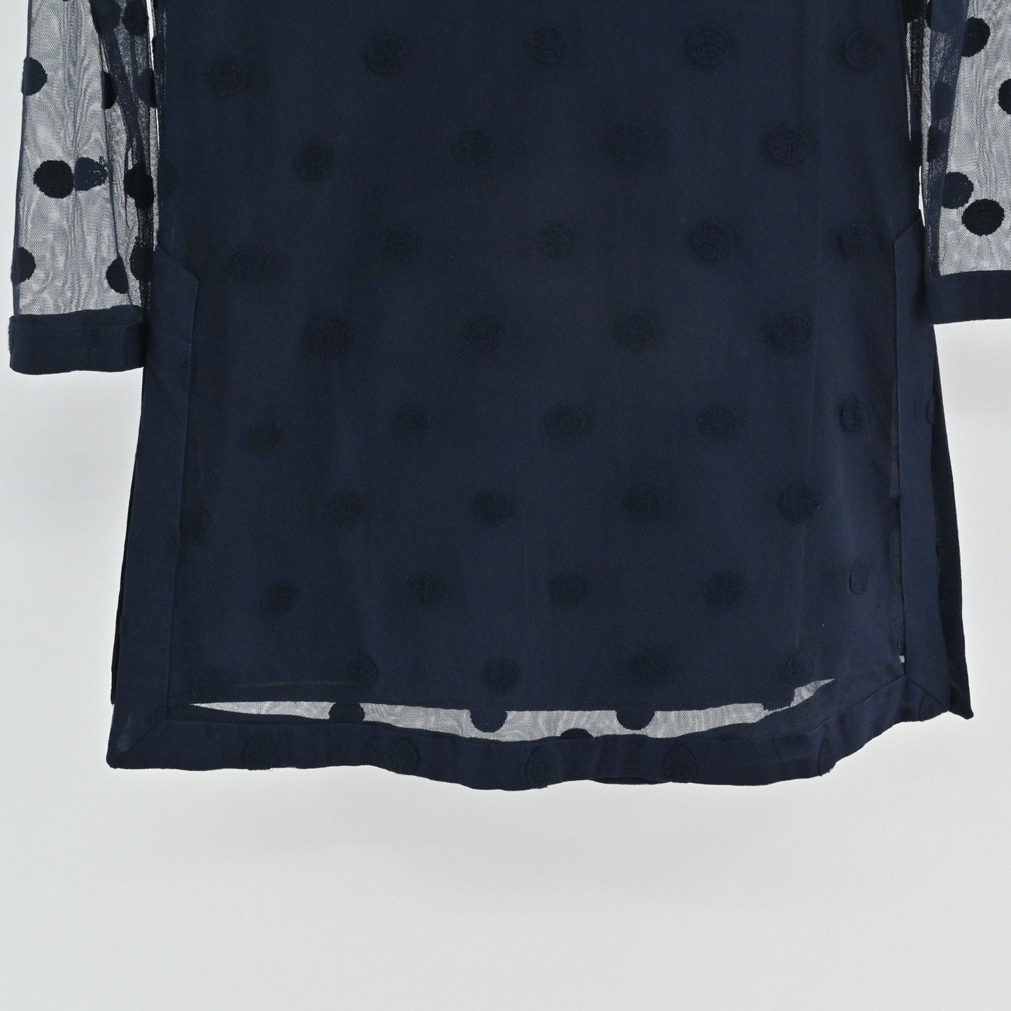 Gretchen Scott Womens Tunic Top Size S Navy Blue Polka Dot Mesh Overlay Delicate