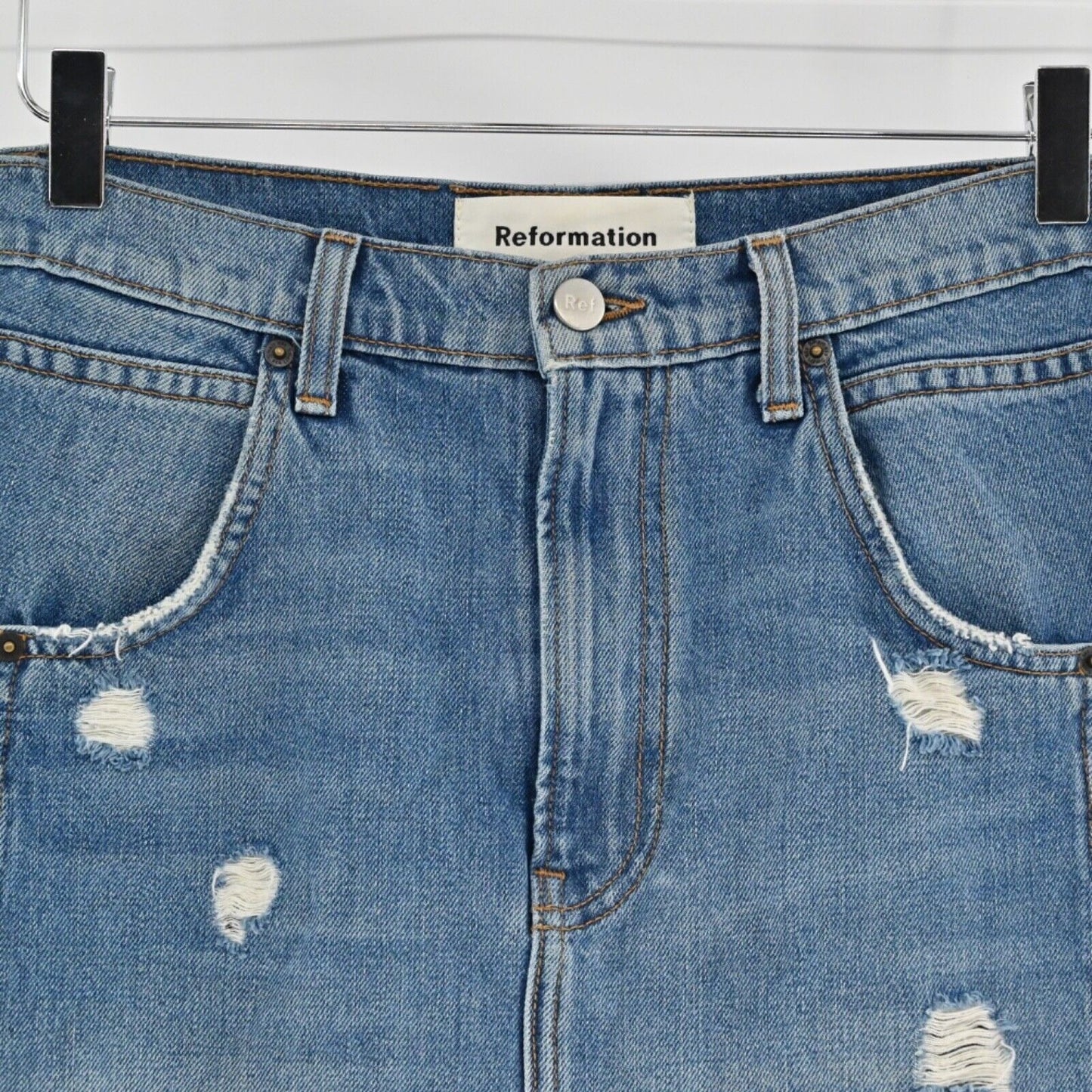 REFORMATION Skirt Womens Sz 27 Sami Denim Mini Distressed Boho Retro Grunge USA
