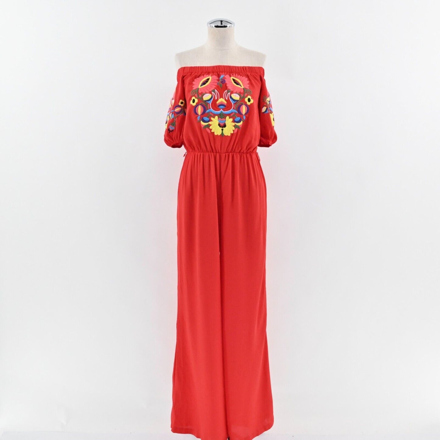 VAVA Jumpsuit Womens Size S Joy Han Red Wide Leg Off Shoulder Floral Embroidered