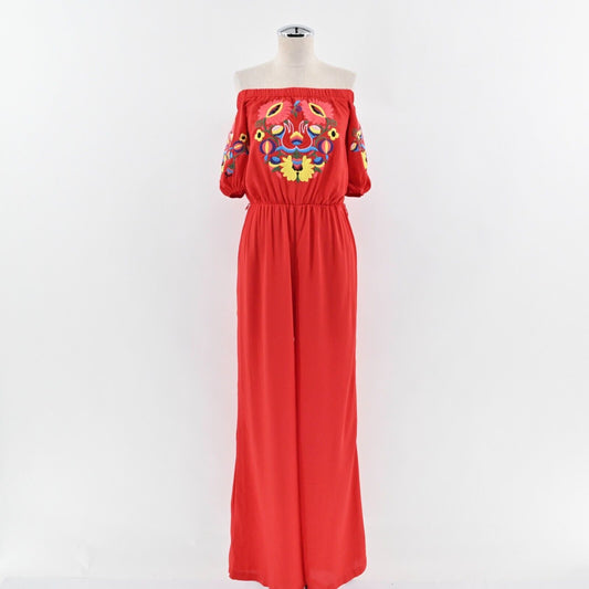 VAVA Jumpsuit Womens Size S Joy Han Red Wide Leg Off Shoulder Floral Embroidered