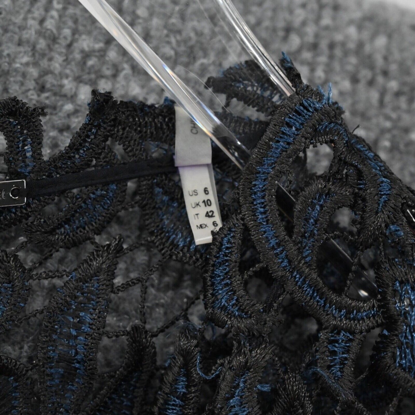 ELIE TAHARI Dress Womens Size 6 Black Blue Sheer Crochet Lace Sleeveless Sheath
