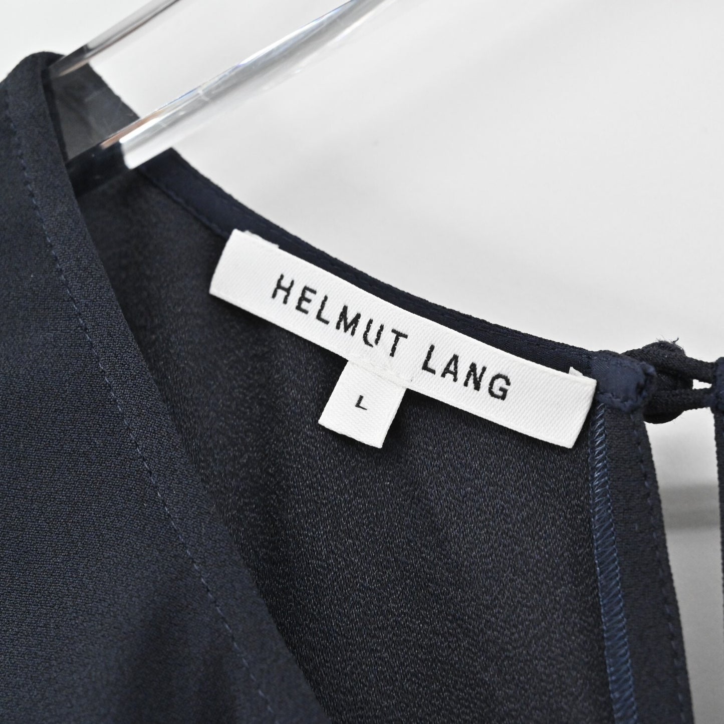 HELMUT LANG Silk Dress Size L Dark Navy Cold Shoulder Relaxed Trim Lagenlook