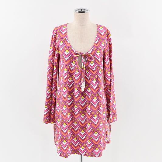 TIBI Dress Size M Pink Terrycloth Multi Geometric Print Tie Front Boho Retro 70s