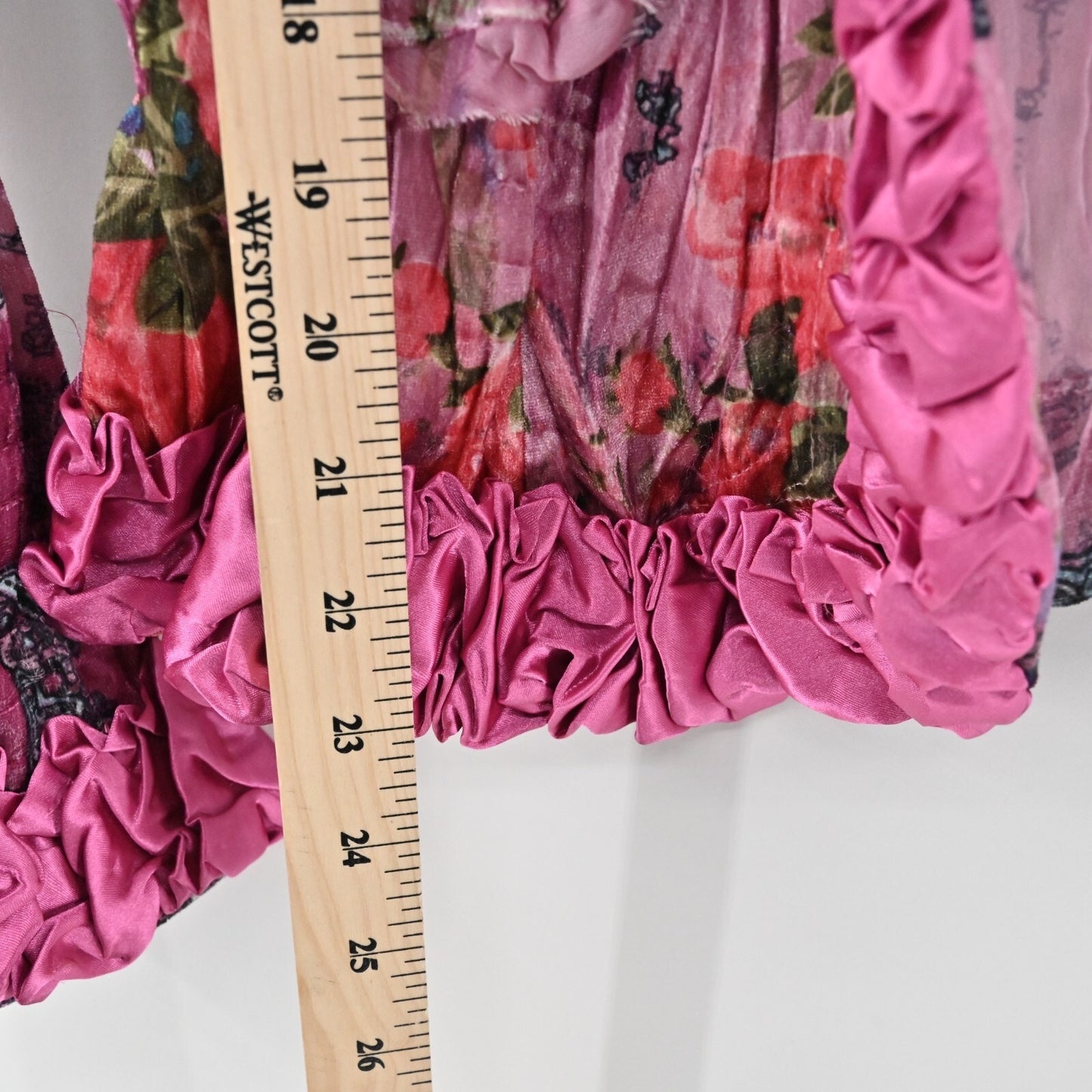 Vtg FANTAZIA Womens Velvet Jacket Size M Pink Floral Paisley Crinkle Ruffle Y2k