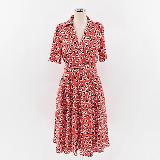 J CREW Dress Size 4P Rudbeckia Red Heart Print Collared Belted Midi A Line