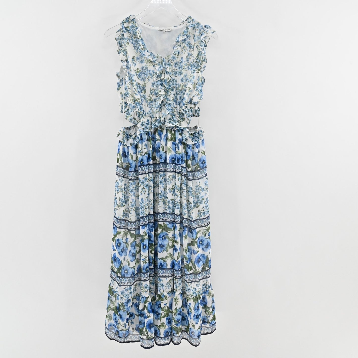 Moon River Ruffled Floral Print Maxi Dress Size L Blue Multi Sleeveless Cut Out