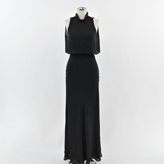 REISS Adella Dress Size 2 High Neck Black Silk Sleeveless Overlay Classic Maxi